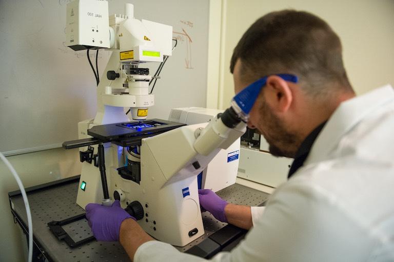 student using microscope